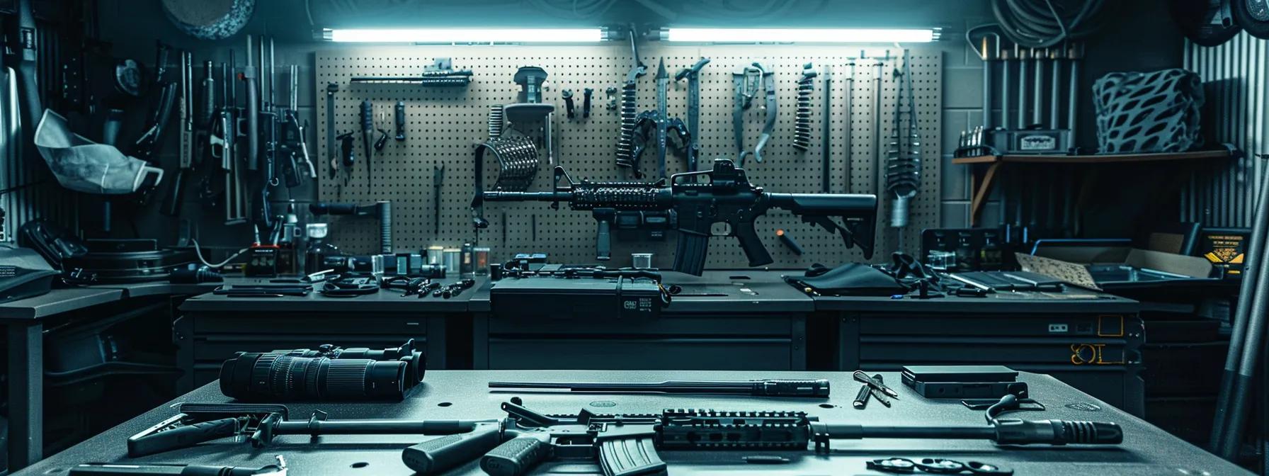 a meticulously arranged ar-15 assembly station with gleaming components and tools, vividly showcasing the precision and care involved in crafting a reliable firearm against a backdrop of soft, focused lighting.