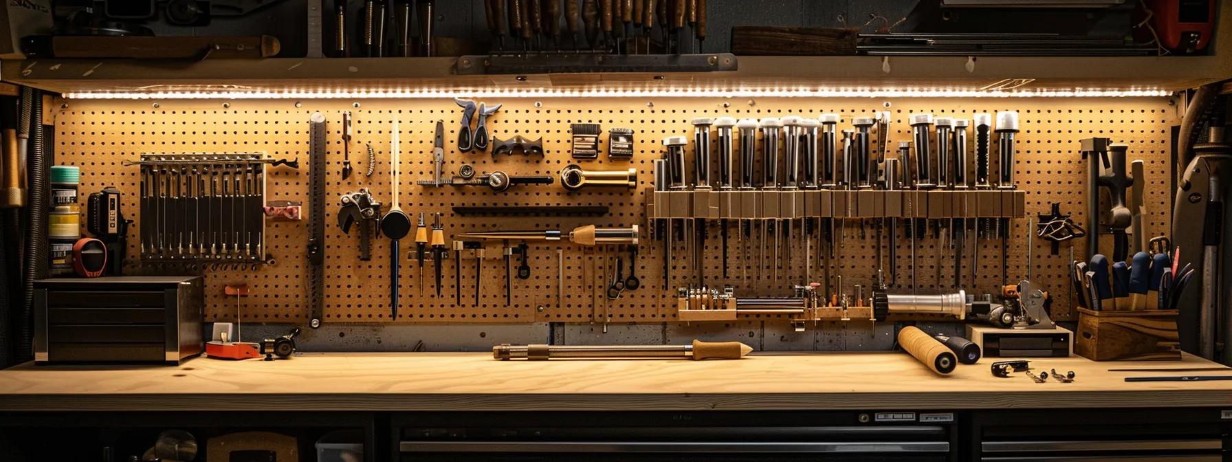 a meticulously organized workbench displays essential precision tools for crafting billet receiver sets, illuminated by soft, natural light that highlights their sleek surfaces and expert craftsmanship.