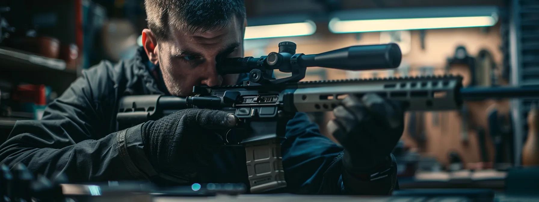 a skilled craftsman meticulously inspects a billet receiver under warm workshop lighting, highlighting precision tools and gleaming metal components that exemplify the art of rifle crafting.