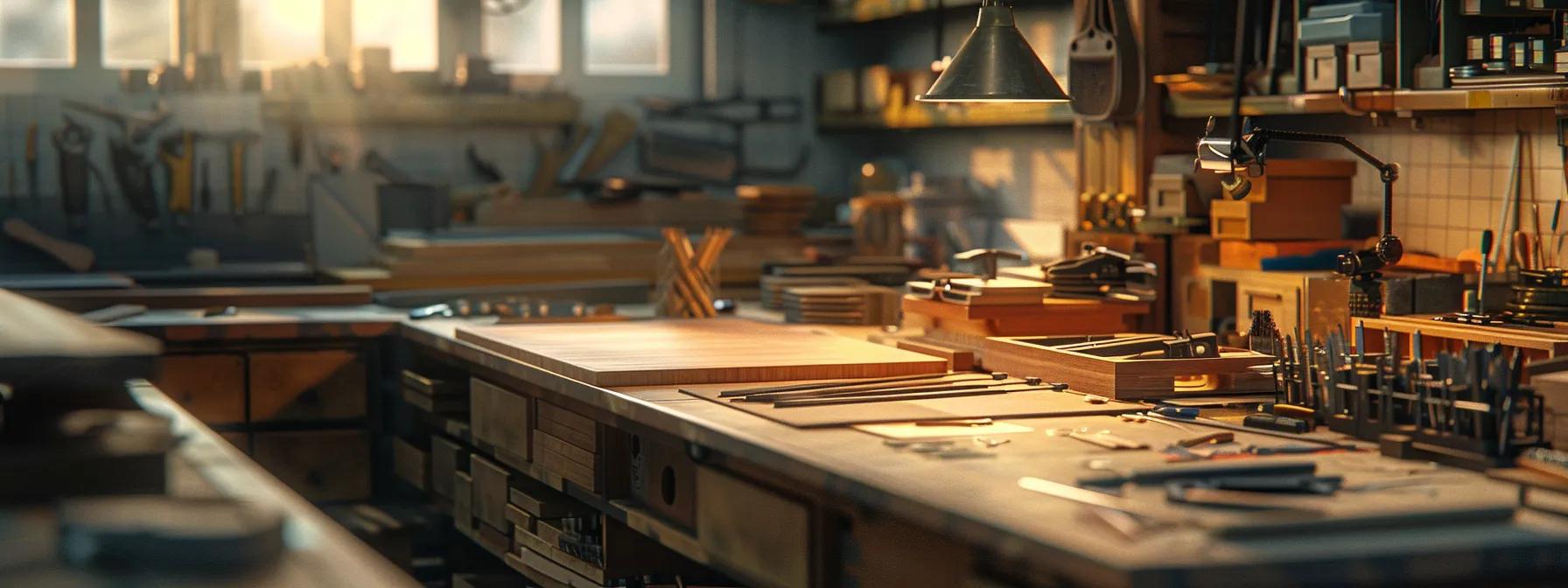 a meticulously organized workshop bathed in warm light, showcasing precision tools and raw materials for crafting billet receiver sets, emphasizing a focus on craftsmanship and attention to detail.